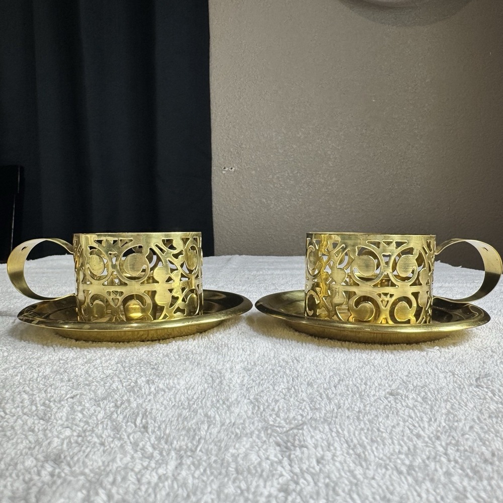 2- Vtg Shiny Brass Filigree Tea Cup On A Saucer Candlestick Holders Cottagecore